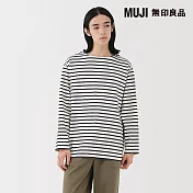 【MUJI 無印良品】男水洗粗織船領九分袖T恤 M 柔白橫紋