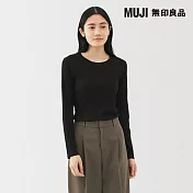 【MUJI 無印良品】女柔滑螺紋圓領長袖T恤 S 黑色