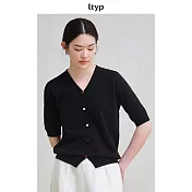 ltyp旅途原品 亞麻棉假門襟針織衫新款極簡百搭V領短袖上衣女夏季 M L M 經典黑