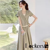 【Lockers 木櫃】撞色假兩件休閒套裝 L114082703 淺豆綠