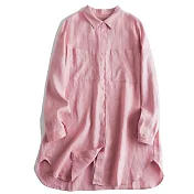 【ACheter】 棉麻長袖翻領襯衫寬鬆大貼袋中長款上衣# 126036 M 玫紅色