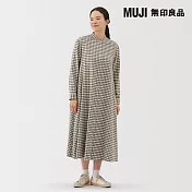 【MUJI 無印良品】女雙面起毛法蘭絨立領長袖洋裝 XL 淺米格紋