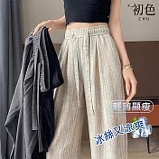 【初色】紮染鬆緊腰綁帶冰絲肌理感高腰垂感休閒褲寬褲長褲-共4色-14000(M-2XL可選) M 米白色
