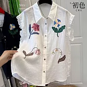 【初色】氣質翻領蕾絲無袖拼色印花排扣背心上衣女上衣-共2色-14212(M-2XL可選) L 白色