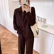 【衣途】翻領針織雙拉鍊開衫寬褲兩件套裝(KDAQ-584) FREE 咖啡色