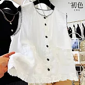 【初色】簡約棉麻風純色圓領線條刺繡木耳邊口袋單排釦無袖上衣背心女背心-共2色-14205(M-2XL可選) M 白色