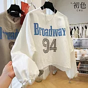 【初色】字母印花圓領長袖輕薄防曬空調衫T恤上衣女上衣-共2色-14206(M-2XL可選) 2XL 白色