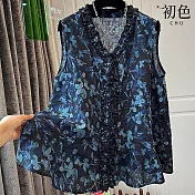 【初色】氣質拼色V領滿版印花無袖蕾絲背心上衣女上衣-藏青色-14211(M-2XL可選) M 藏青色