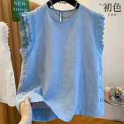 【初色】氣質拼接蕾絲純色圓領扣子無袖背心上衣女上衣-共3色-14220(M-2XL可選) M 藍色