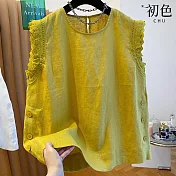 【初色】氣質拼接蕾絲純色圓領扣子無袖背心上衣女上衣-共3色-14220(M-2XL可選) M 黃色