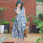 【初色】民族風素雅氣質薄款滿版印花V領短袖棉麻中長裙連衣裙連身洋裝-藍色-14252(M-2XL可選) M 藍色