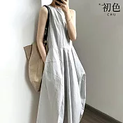 【初色】純色圓領無袖寬鬆背心A字花苞裙連身裙中長裙連衣裙連身洋裝長裙共2色-14250(M-2XL可選) M 灰色