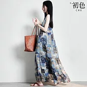 【初色】氣質印花無袖圓領口袋綁帶荷葉邊裙襬中長連衣裙連身洋裝-藍色拼接-14254(M-2XL可選) M 藍色拼接