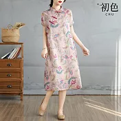 【初色】復古氣質風立領短袖印花改良式旗袍中長連衣裙連身洋裝-共2色-14261(M-2XL可選) M 粉色