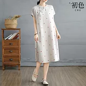 【初色】新中式棉麻斜襟立領愛心刺繡口袋中長裙連衣裙連身洋裝-杏色-14262(M-2XL可選) M 杏色