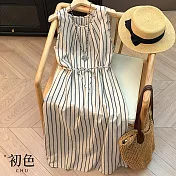 【初色】氣質條紋收腰綁帶圓領無袖直筒裙中長連衣裙連身洋裝-黑白條紋-14264(M-2XL可選) M 黑白條紋