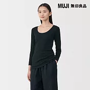 【MUJI 無印良品】女棉保暖U領八分袖T恤 M 黑色