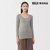 【MUJI 無印良品】女棉保暖U領八分袖T恤 M 灰棕