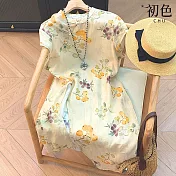 【初色】文藝風新中式寬鬆圖案印花盤扣下襬開衩立領短袖中長裙連衣裙連身洋裝-米白色-14225(M-2XL可選) M 米白色