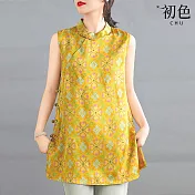 【初色】文藝風新中式緞面印花薄款寬鬆開衩盤扣立領無袖中長款背心女背心-黃色-14233(M-3XL可選) M 黃色