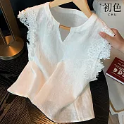 【初色】氣質純色V領蕾絲鏤空無袖薄款背心上衣女上衣-白色-14268(M-2XL可選) M 白色