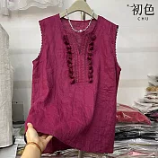 【初色】純色立體花邊裝飾V領無袖寬鬆修身背心上衣女上衣-桃紅色-14269(M-2XL可選) M 桃紅色