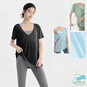 【BODYAIR嚴選】輕透滑兩穿側皺罩衫上衣(瑜珈.慢跑.運動.健身.透氣.舞蹈.運動服) S 黑