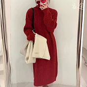 【衣途】麻花復古翻高領毛衣裙(KDSQ-d64) FREE 酒紅色