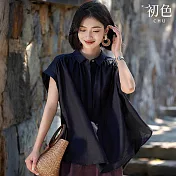 【初色】簡約純色排扣翻領短袖襯衫上衣女上衣-共3色-14734(M-XL可選) XL 黑色