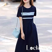 【Lockers 木櫃】航海撞色條紋收腰連身裙 L114091001 學院藍M