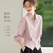 【初色】純色簡約收腰顯瘦百搭翻領翻摺袖長袖襯衫上衣女上衣-共4色-14952(M-2XL可選) L 粉色