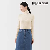 【MUJI 無印良品】女水洗羊毛高密織螺紋高領針織衫 S 柔白