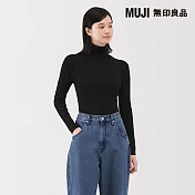 【MUJI 無印良品】女水洗羊毛高密織螺紋高領針織衫 L 黑色