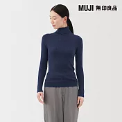 【MUJI 無印良品】女水洗羊毛高密織螺紋高領針織衫 S 深藍