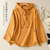 【MsMore】 棉麻文藝復古長袖連帽上衣# 126078 M 黃色