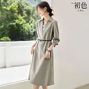 【初色】通勤風純色假兩件拼接翻領長袖中長連衣裙連身洋裝-灰綠色-15109(M-2XL可選) M 灰綠色