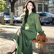 【初色】法式氣質大方純色單排釦皮帶翻領長袖襯衫中長裙連衣裙連身洋裝-綠色-15112(M-2XL可選) M 綠色