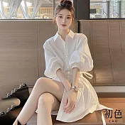 【初色】法式純色舒適顯瘦百搭收腰翻領長袖襯衫中長裙連衣裙連身洋裝-白色-15113(M-2XL可選) M 白色