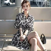 【初色】法式碎花印花翻領收腰顯瘦長袖泡泡袖中長裙連衣裙連身洋裝長裙-花色-15114(M-2XL可選) M 花色