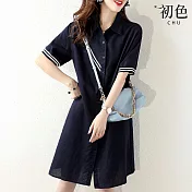 【初色】棉麻風撞色拼接條紋翻領短袖襯衫裙中長裙連衣裙連身洋裝長裙-藍色-15116(M-2XL可選) M 藍色