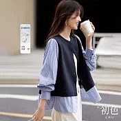 【初色】文青風知性拼接條紋寬鬆圓領排釦長袖襯衫上衣女上衣-藏青色-15230(M-2XL可選) L 藏青色