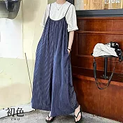 【初色】文藝寬鬆顯瘦條紋U領無袖吊帶闊腿褲連身連體褲裙-藍條紋-14756(M-2XL可選) M 藍條紋