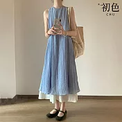 【初色】法式條紋假兩件顯瘦圓領吊帶背心連衣裙連身洋裝長洋裝-藍色-14747(M-XL可選) M 藍色