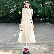 【初色】法式純色圓領無袖刺繡中長連衣裙連身洋裝-杏色-14750(M-XL可選) M 杏色