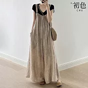 【初色】慵懶風寬鬆可調式背帶吊帶連體褲垂感闊腿長褲-共2色-14755(M-2XL可選) M 麻色