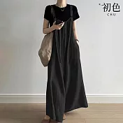【初色】慵懶風寬鬆可調式背帶吊帶連體褲垂感闊腿長褲-共2色-14755(M-2XL可選) M 黑色
