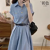 【初色】韓系翻領短袖條紋收腰修身中長連衣裙連身洋裝-藍色-14745(M-2XL可選) M 藍色