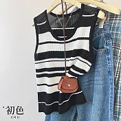 【初色】休閒簡約薄款透氣撞色條紋鏤空圓領無袖吊帶針織背心女背心-共2色-14839(F可選) F 黑色