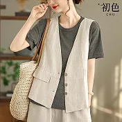 【初色】復古棉麻風純色V領無袖單排扣馬甲背心女背心-共3色-14795(M-2XL可選) M 麻色