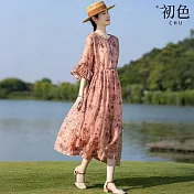 【初色】氣質圓領荷葉七分袖碎花鬆緊腰修身中長連衣裙連身洋裝-共2色-14759(M-2XL可選) M 紅花色